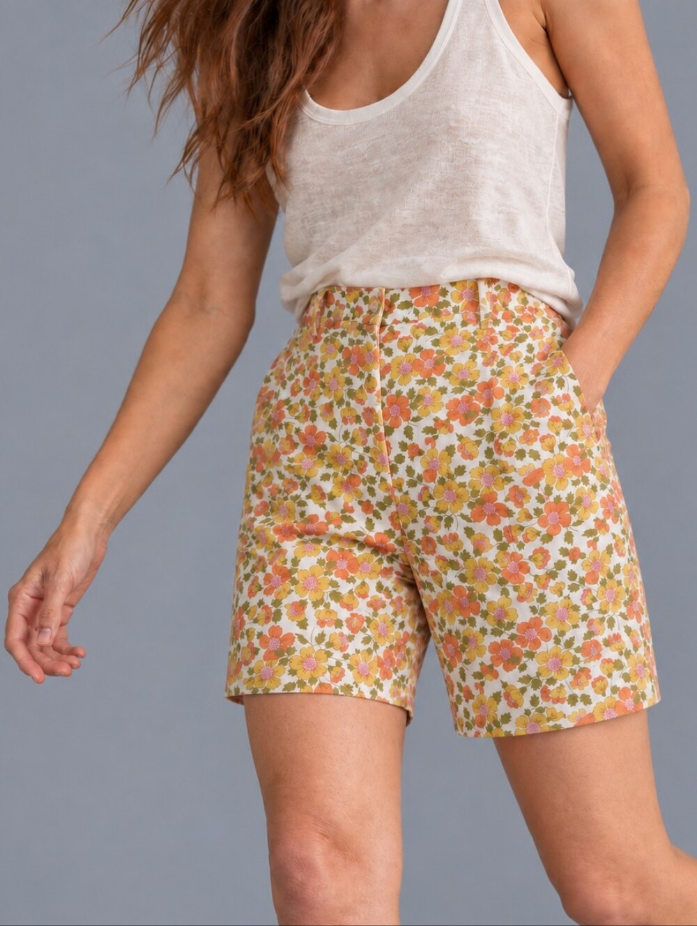 Vintage Florence Walsh Floral Bermuda Shorts Calico Orange Yellow Green Womens